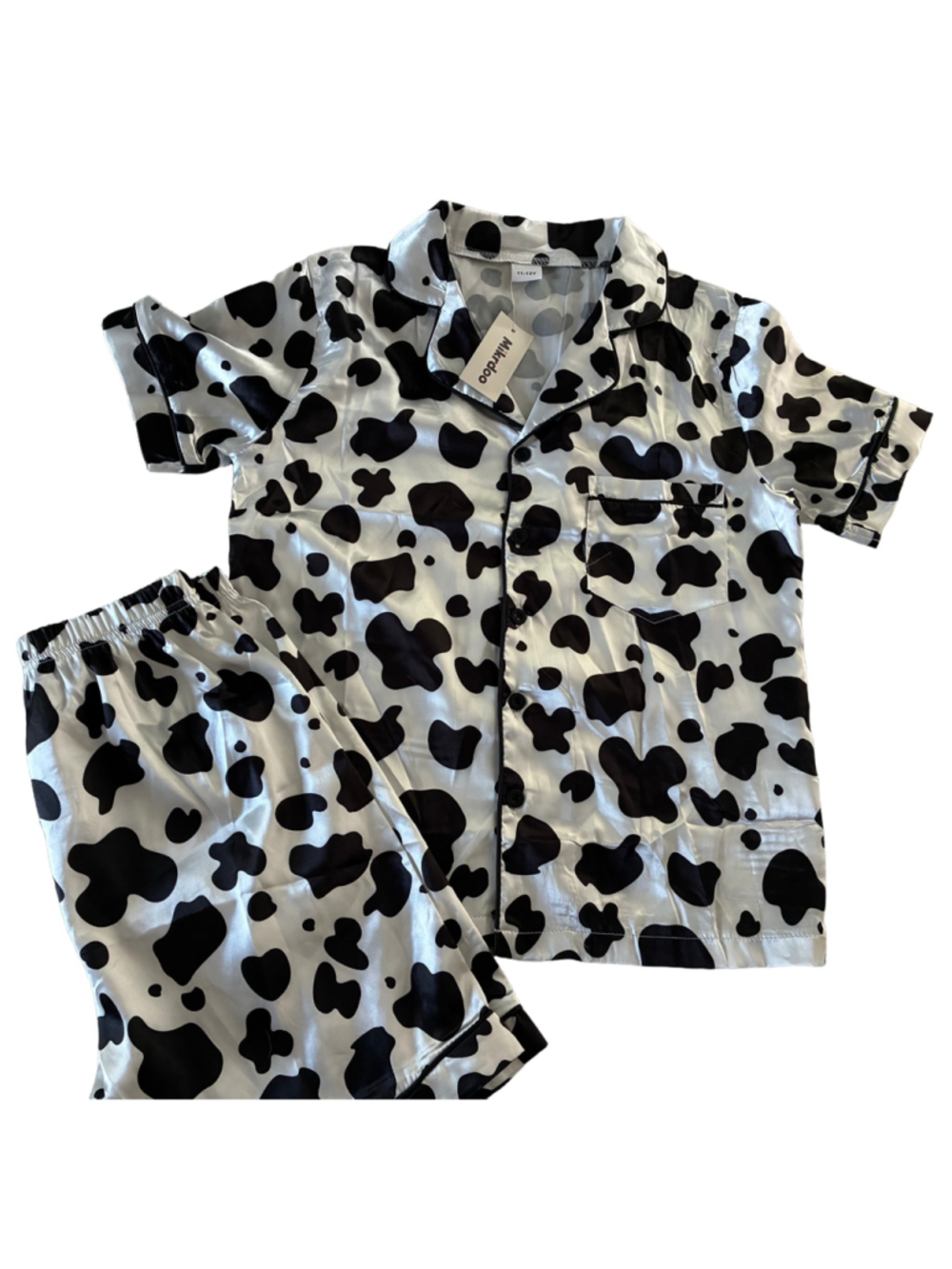 Cow Print silky Pajama Set, girls youth size large Size White and Black